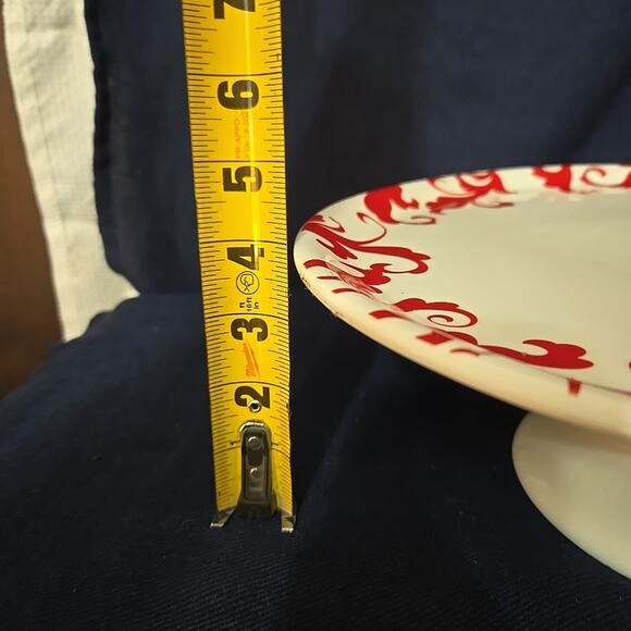 Ciroa Fiori Red Pedestal Cake Serving Plate Porcelain White Red Swirl Leaf Desig - Picture 7 of 8